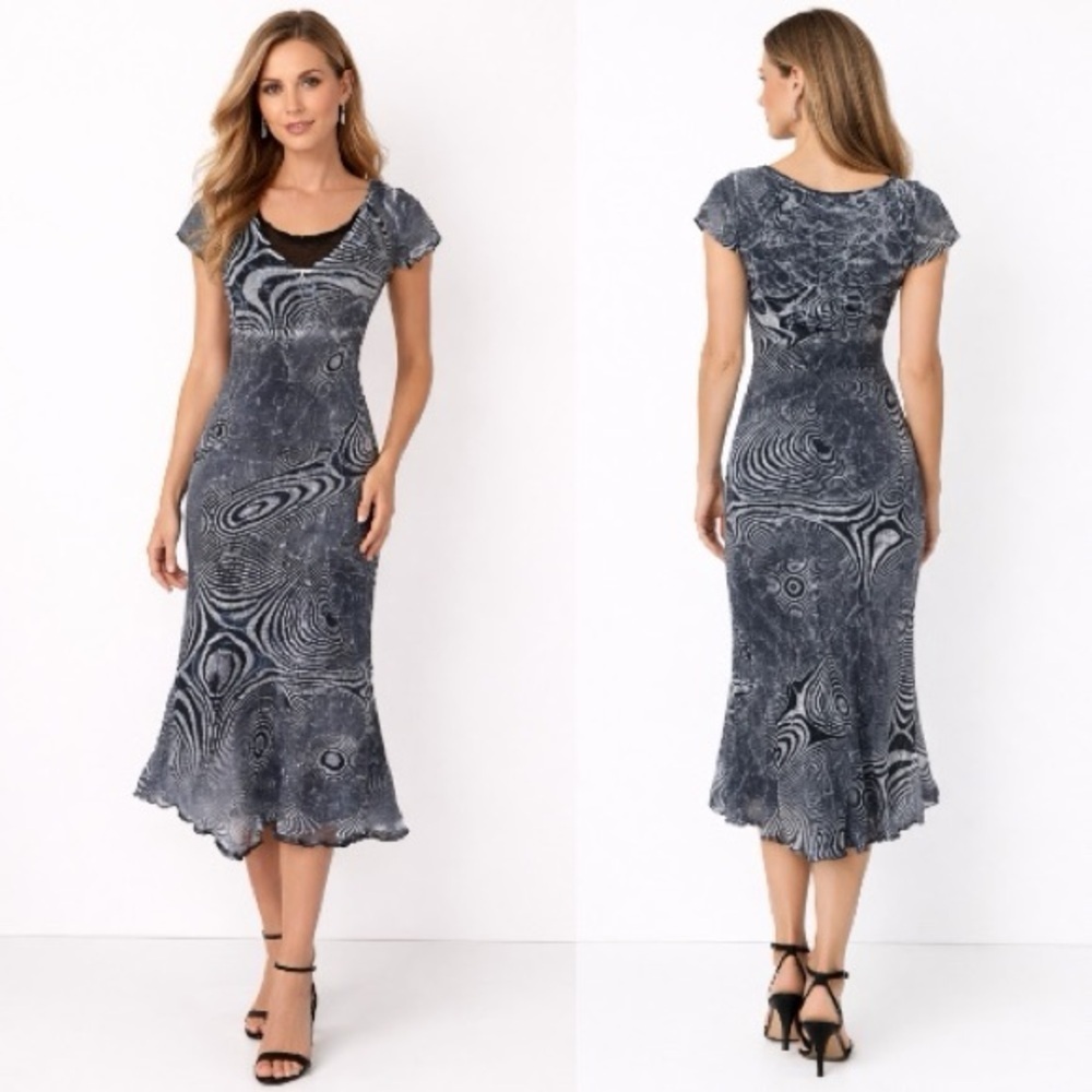 Komarov Black White Crinkle Chiffon Midi Dress Small Sheer Overlay Cocktail